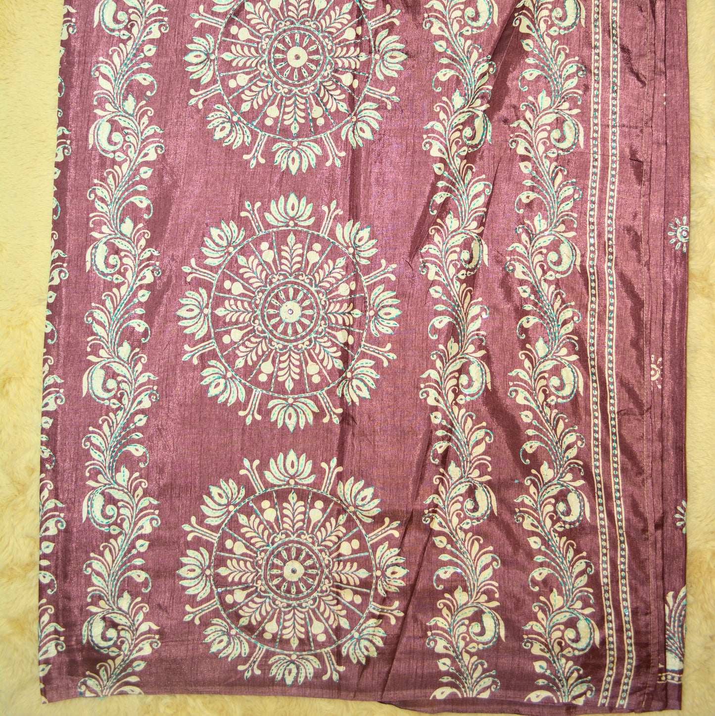Onion pink dola silk katha work saree