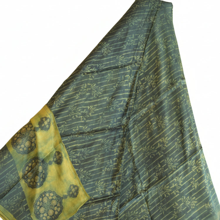 Green handblock printed pure modal silk saree