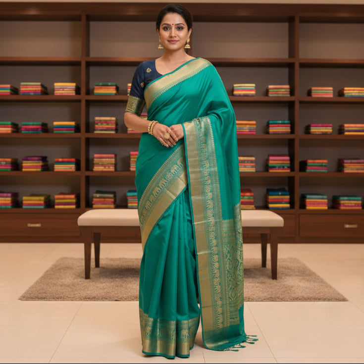 Rama blue mashroo silk with contrast blouse