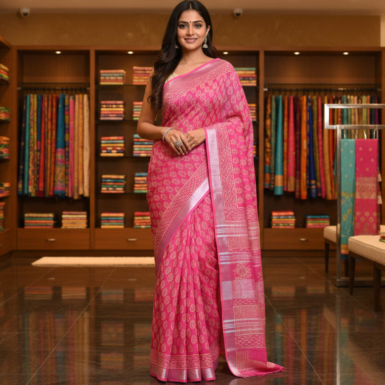 Dark pink pure linen handblock printed saree