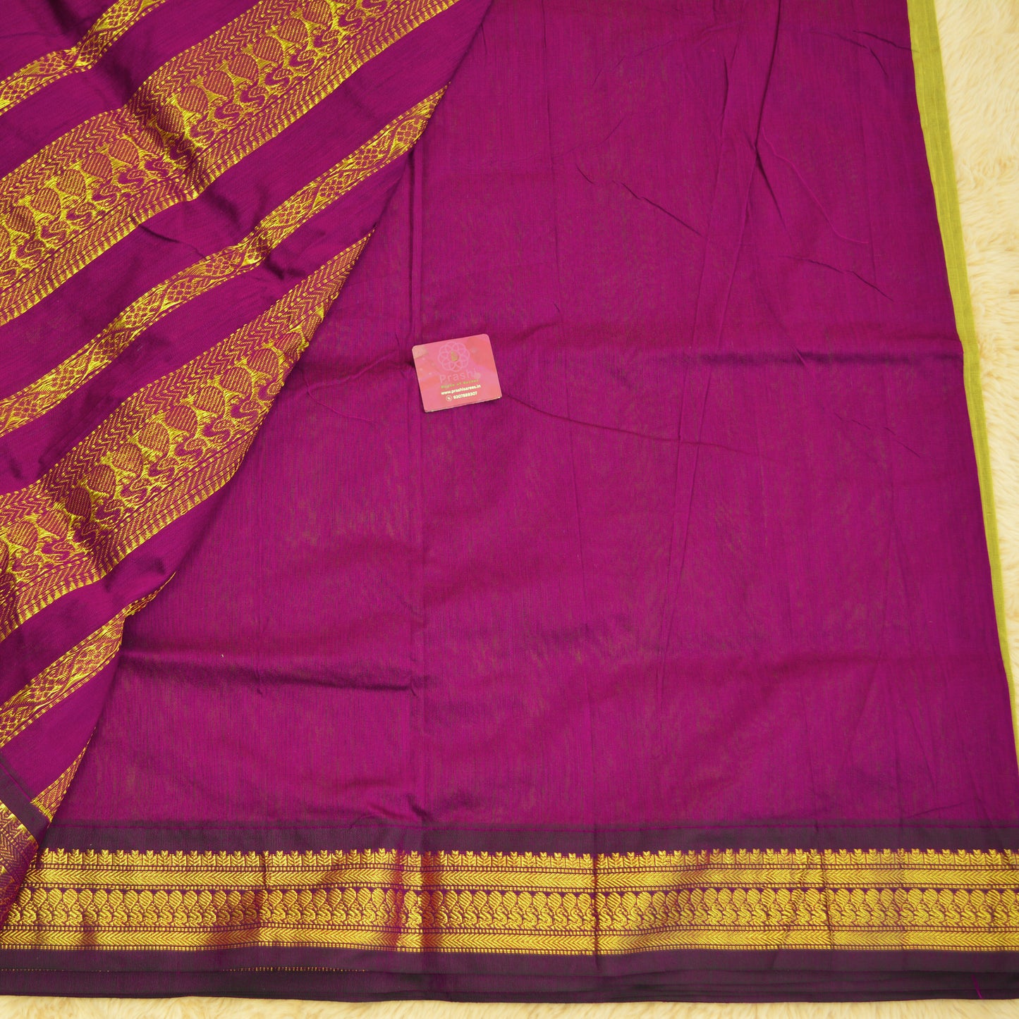 Parrot green and purple handloom cotton saree