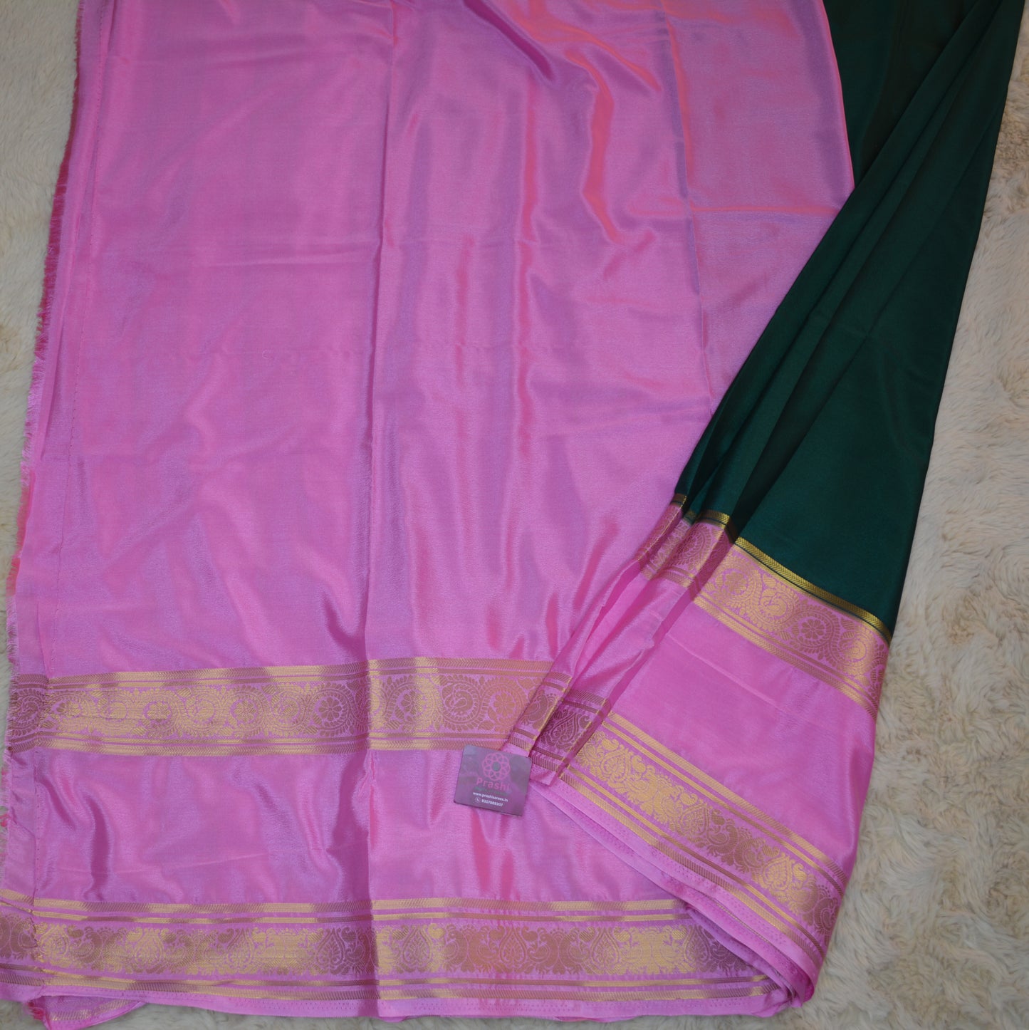 Bottle green with baby pink semi mysore crepe bentex