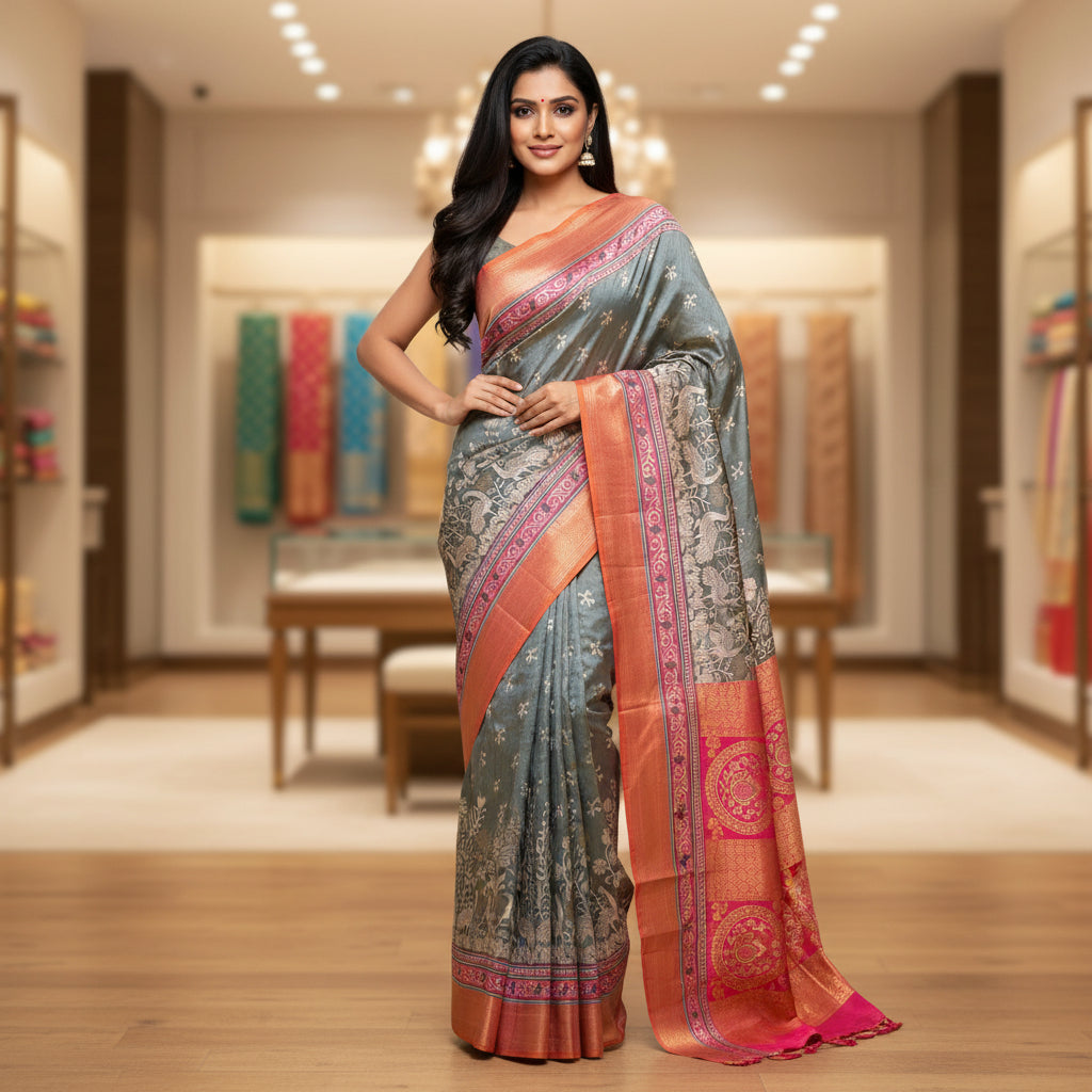 Aqua blue with pink patola saree