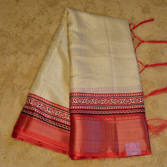 half white  dola red border saree