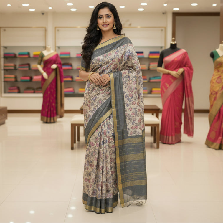 Grey tussar checks kalamkari saree
