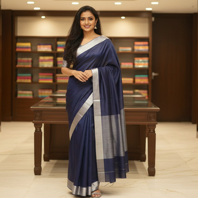 Navy blue khadi cotton saree