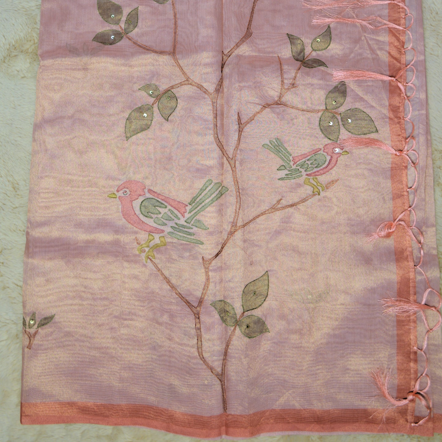 Pastel orange tissue applique work saree