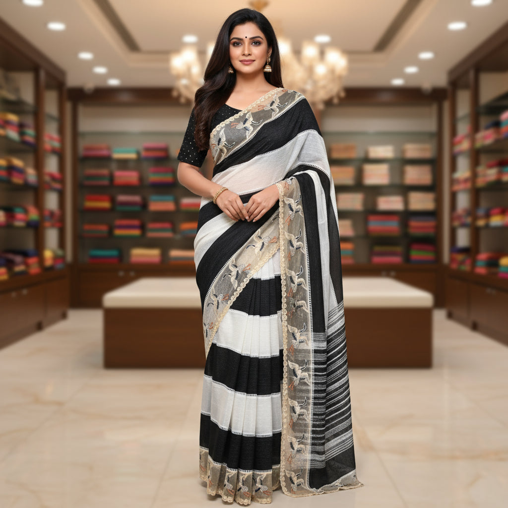 Crush tissue white and black embroidery saree