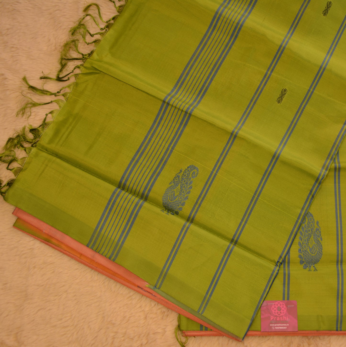 Peach with green vegan silk saree