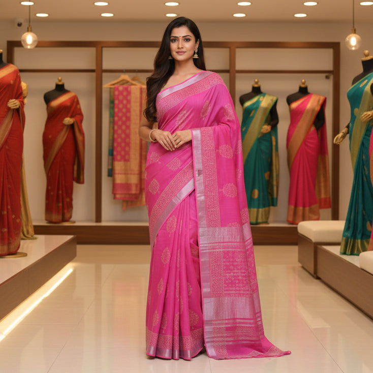 Pink pure linen handblock printed saree