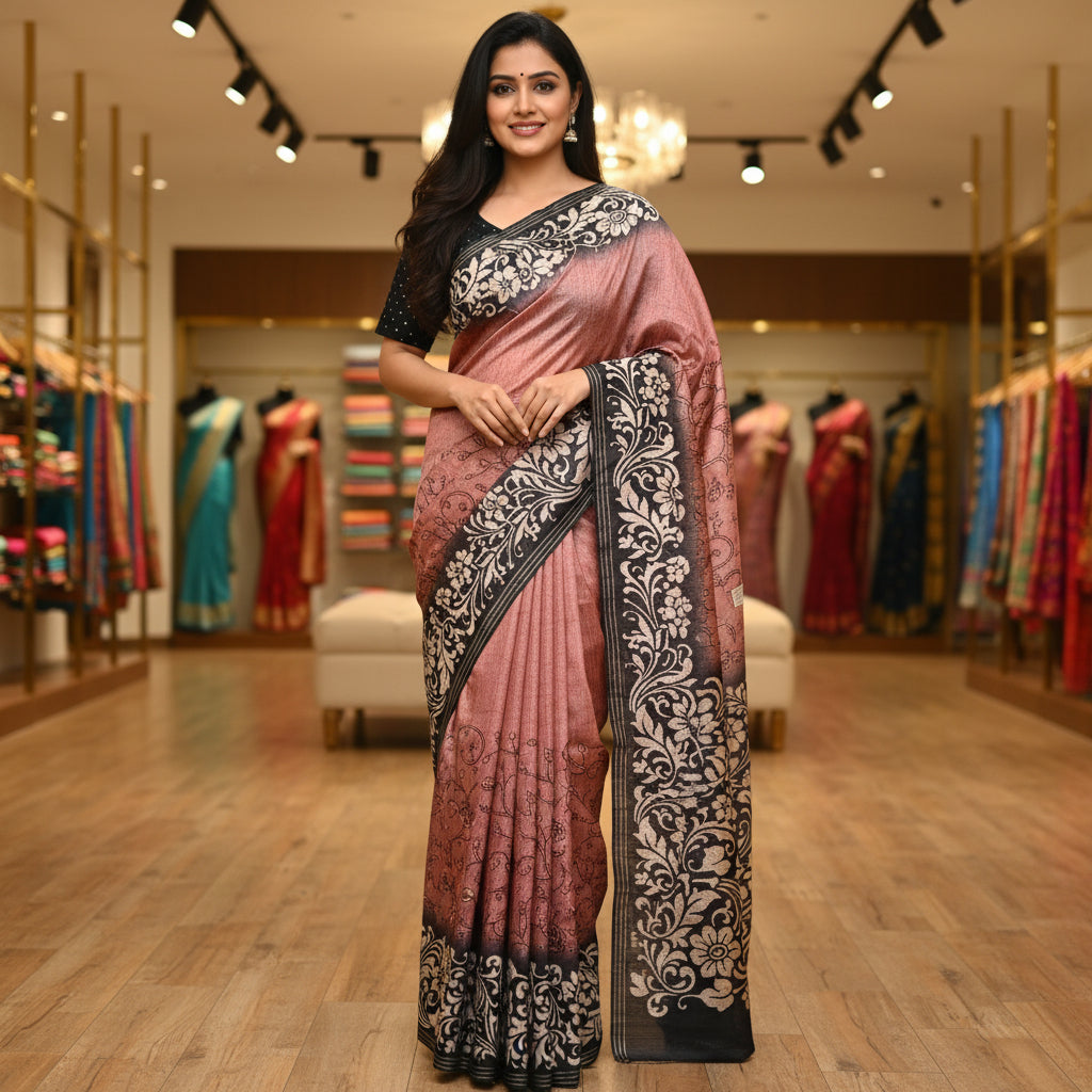Onion pink soft tussar embroidery saree with black contrast