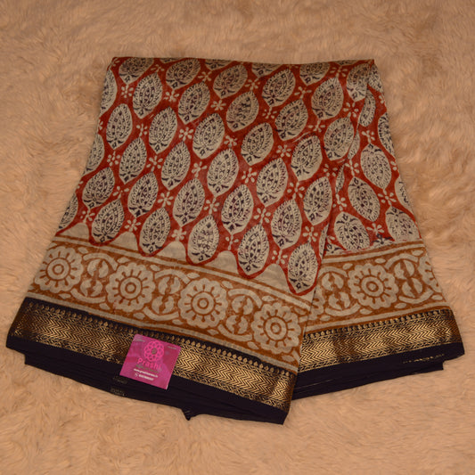 orange ajrakh handblock printed pure maheshwari silk saree