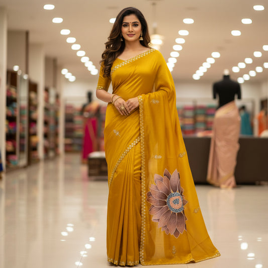 Mustard tissue lotus embroidery saree