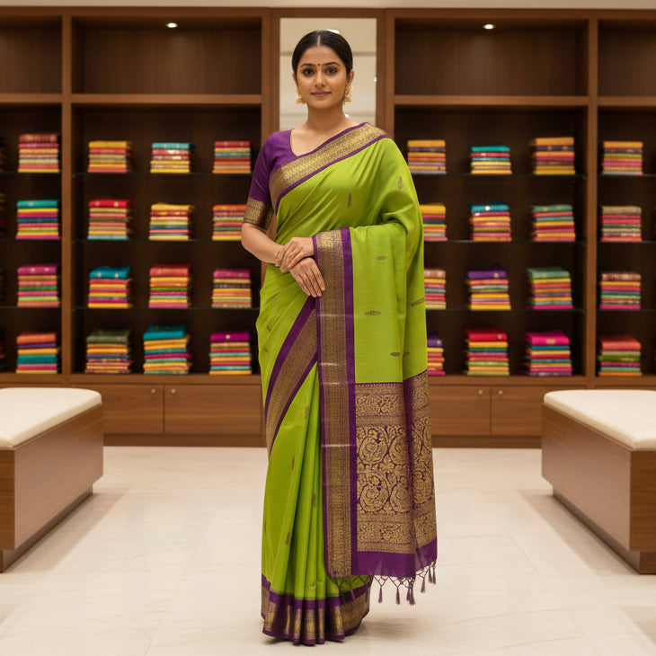 Parrot green  kalyani cotton border saree