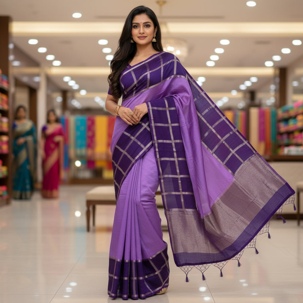 Lavender muslin cotton saree with purple contrast border