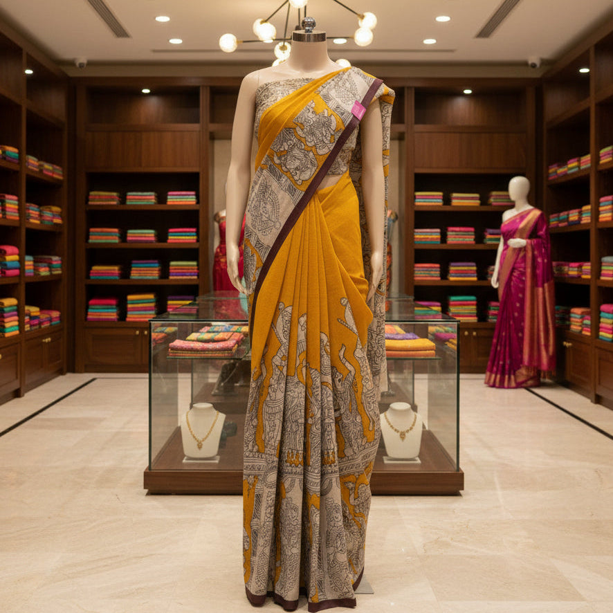 Yellow kota cotton kalamkari saree