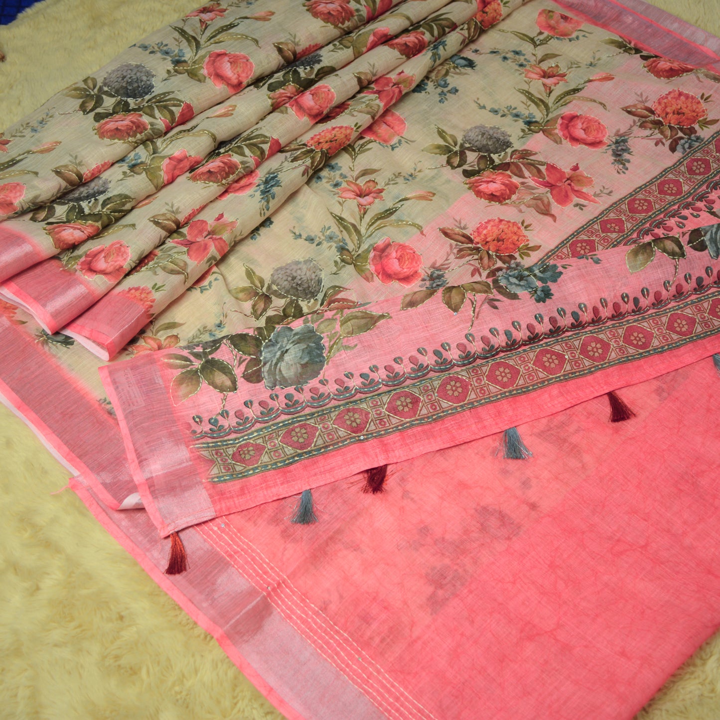 Pink linen katha work digital print saree
