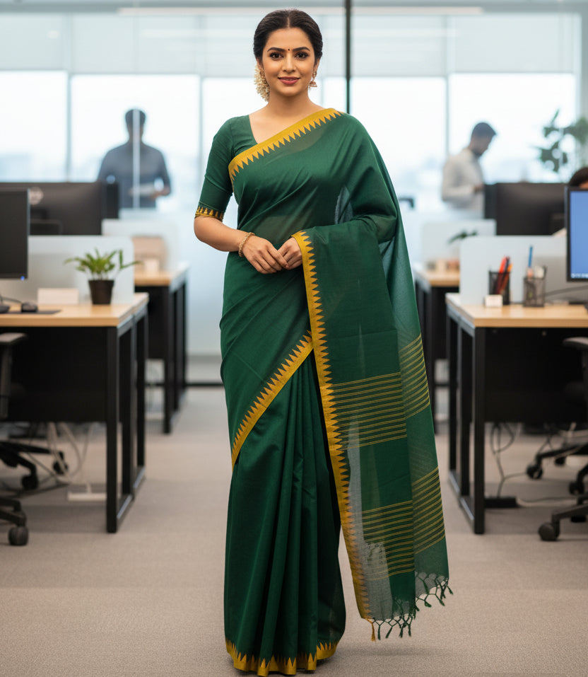 Bottle green kanchi cotton temple border saree