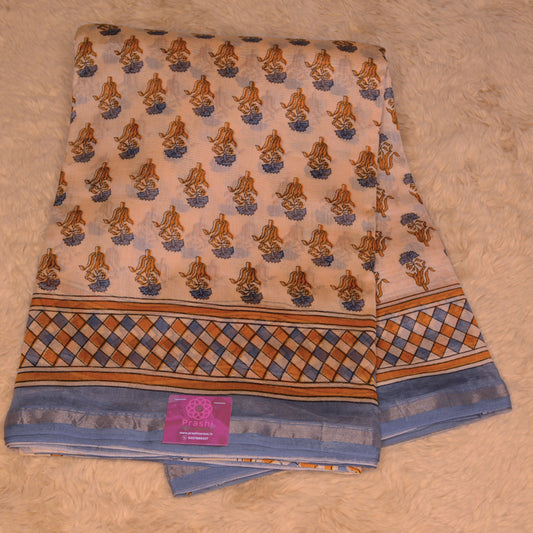 Cream colour ajrakh handblock printed chanderi silk cotton saree