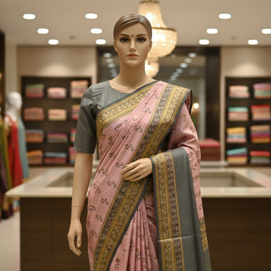 Baby Pink and black tussar checks kalamkari printed saree