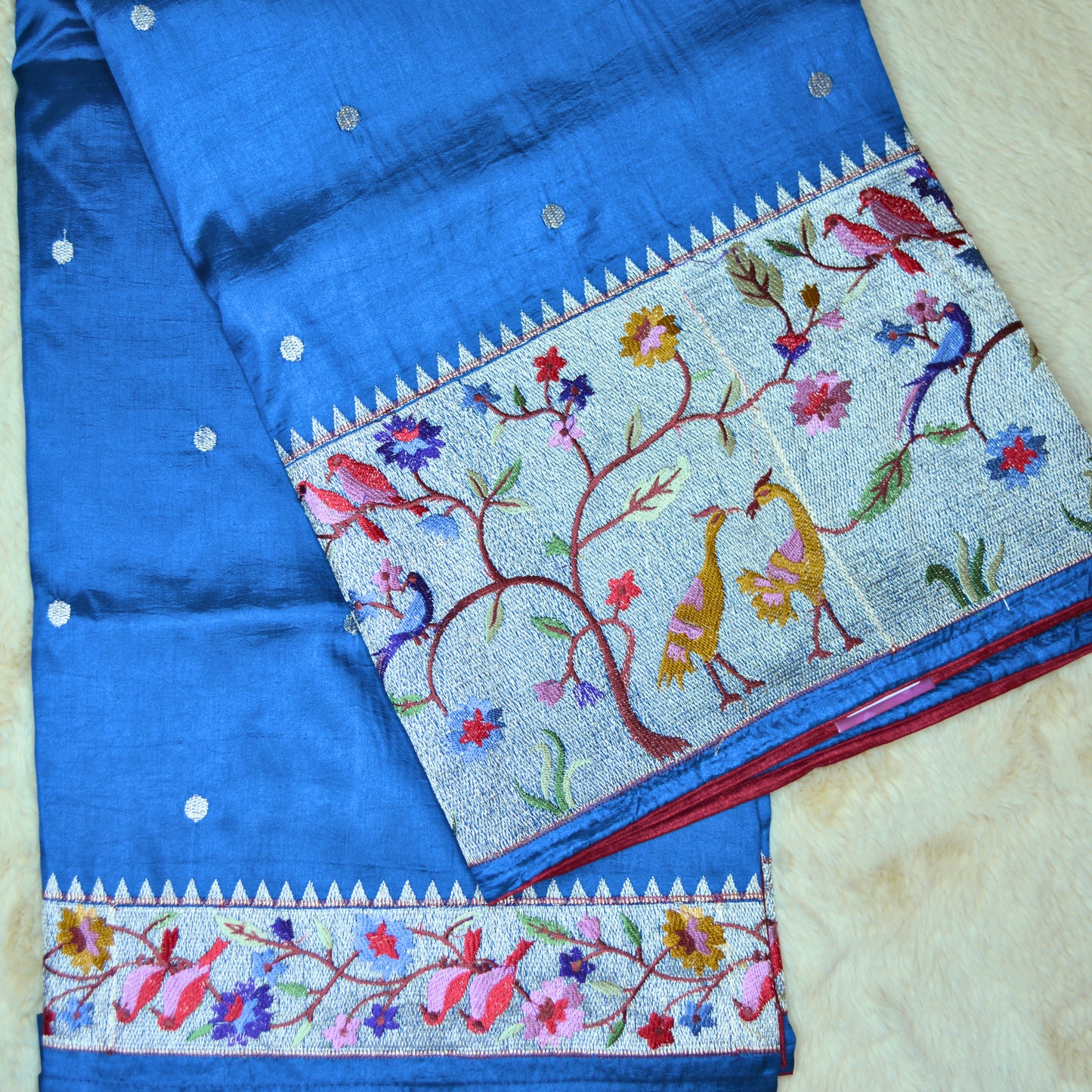 Teal blue dola silk german silver work saree