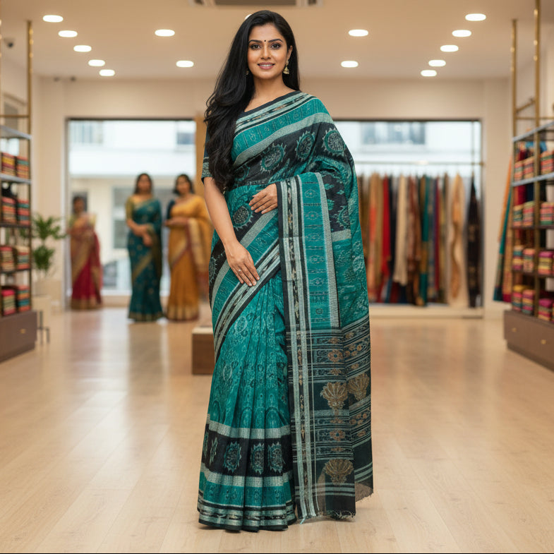 Rama green triple layer sabalpuri pure handloom saree