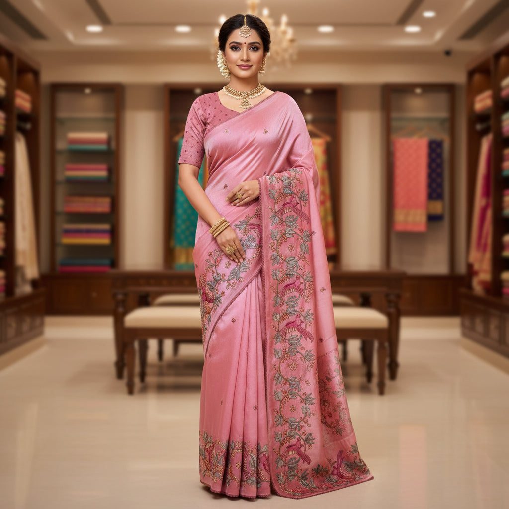 Peach pink tissue embroidery saree