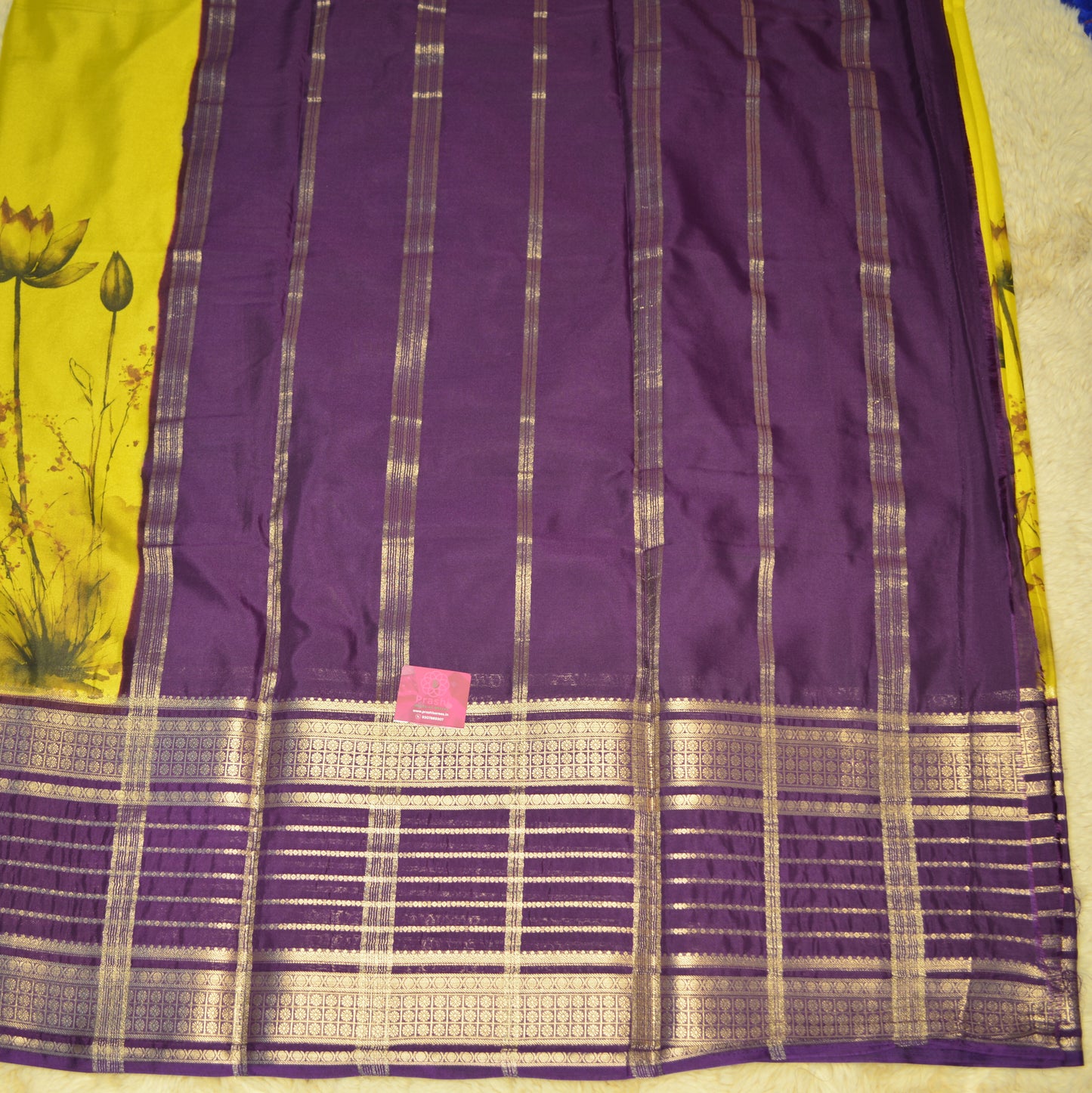 Yellow semi mysore crepe kalamkari print saree