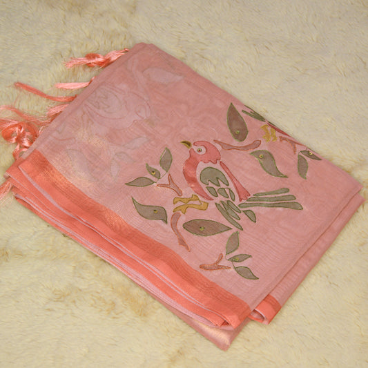 Pastel orange tissue applique work saree