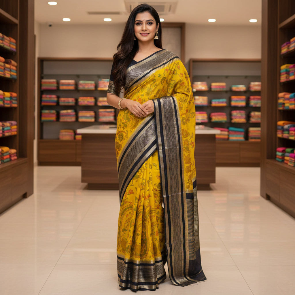 Yellow with black semi crepe kalamkari saree