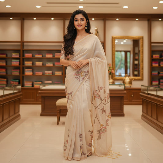 Half white tissue applique work saree