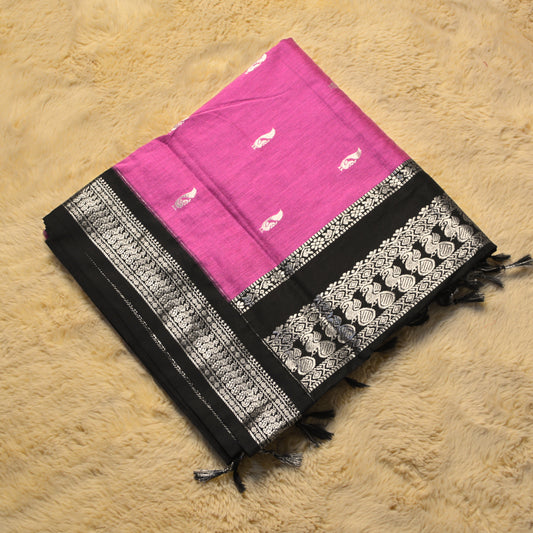 Pink with black kalyani cotton border saree
