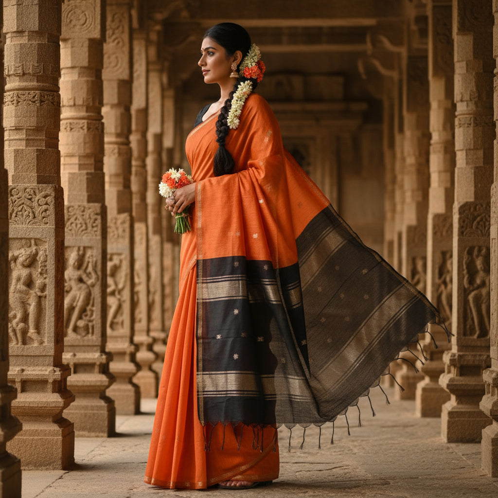Orange maheshwari silk cotton saree