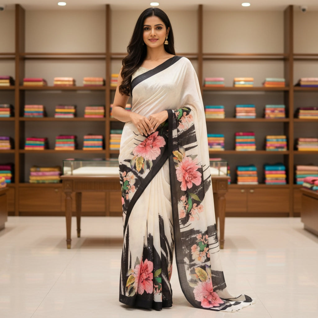 Half-white with black contrast canon silk saree