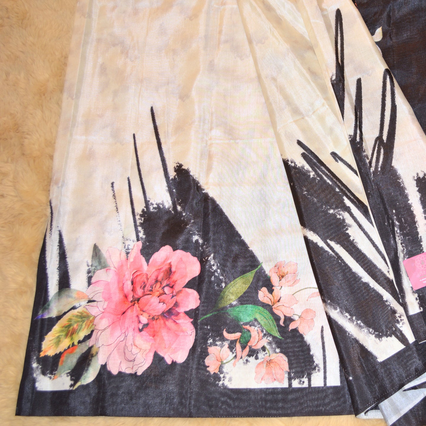 Half-white with black contrast canon silk saree