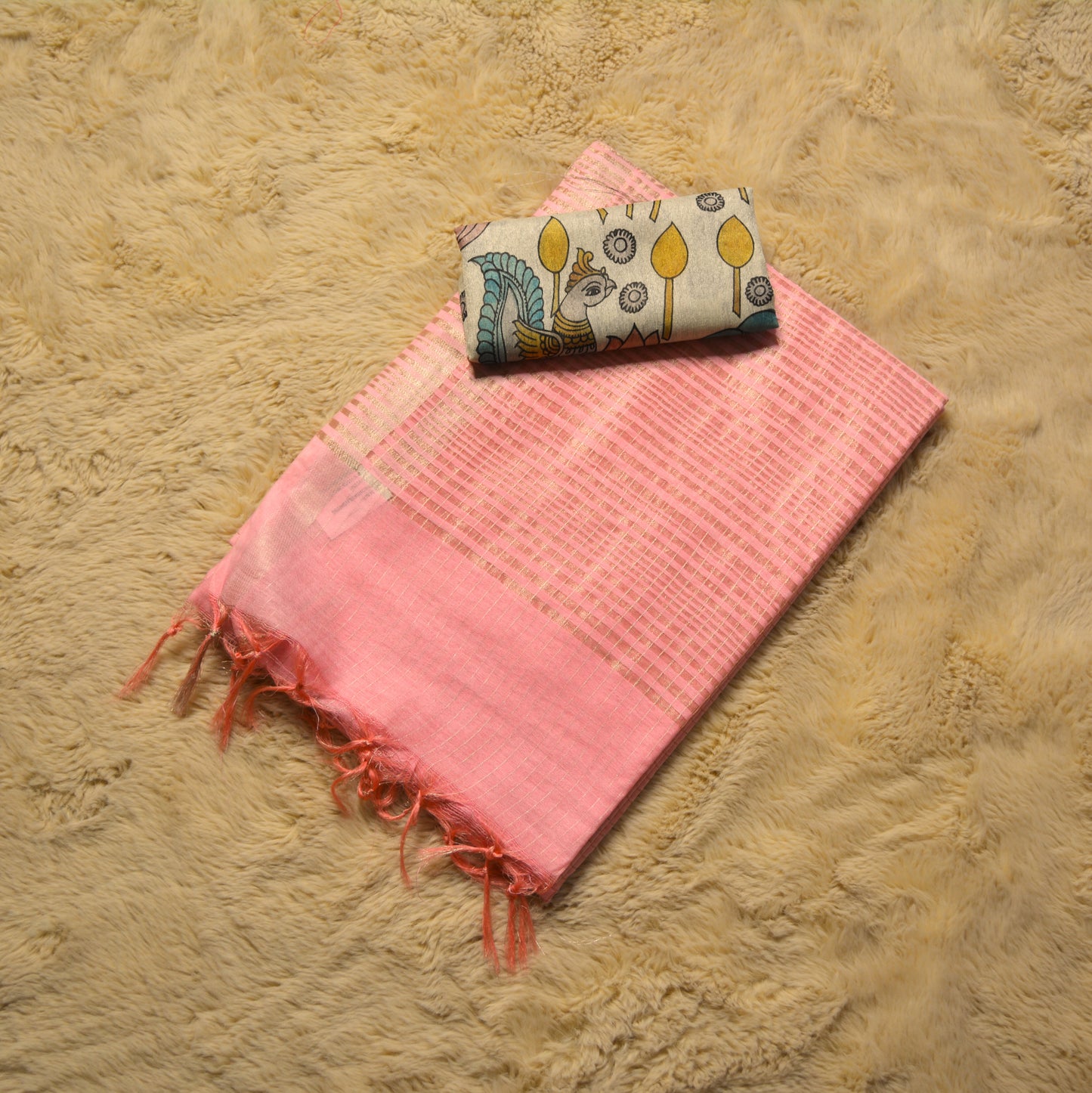 Baby pink moonga silk kalamkari blouse saree