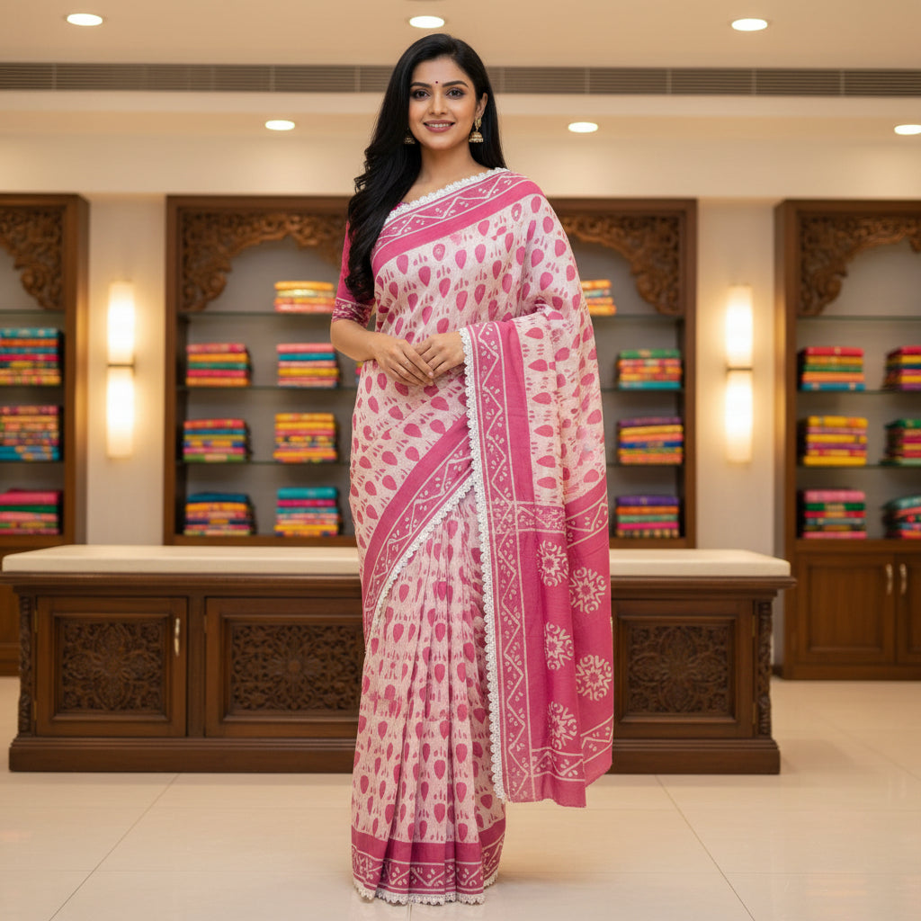 Pink maslin cotton saree