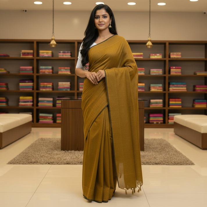 golden khadi cotton saree-kalamkari blouse