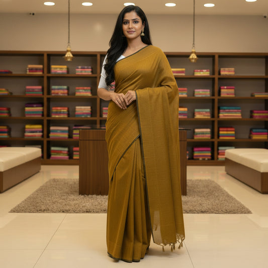 golden khadi cotton saree-kalamkari blouse