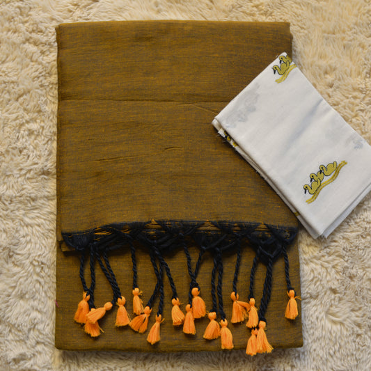 golden khadi cotton saree-kalamkari blouse