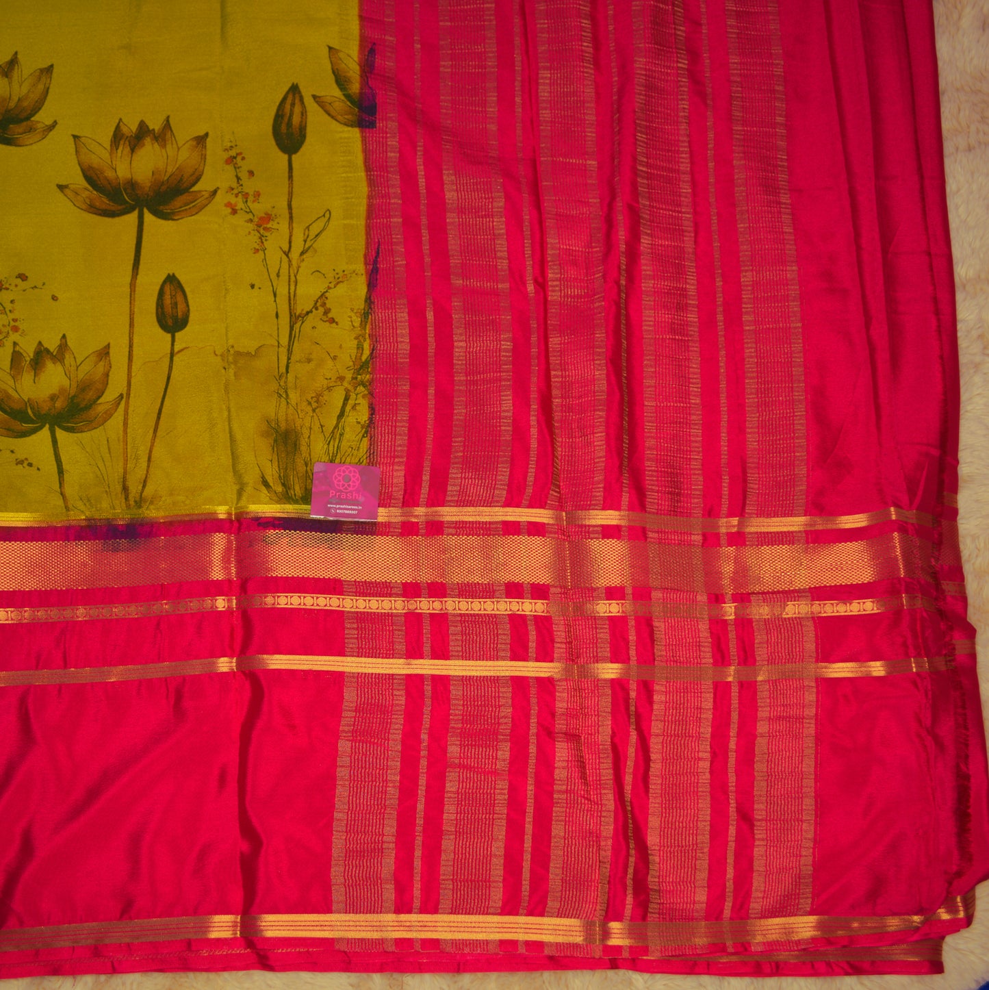 Mehandi green with pink semi mysore crepe kalamkari saree
