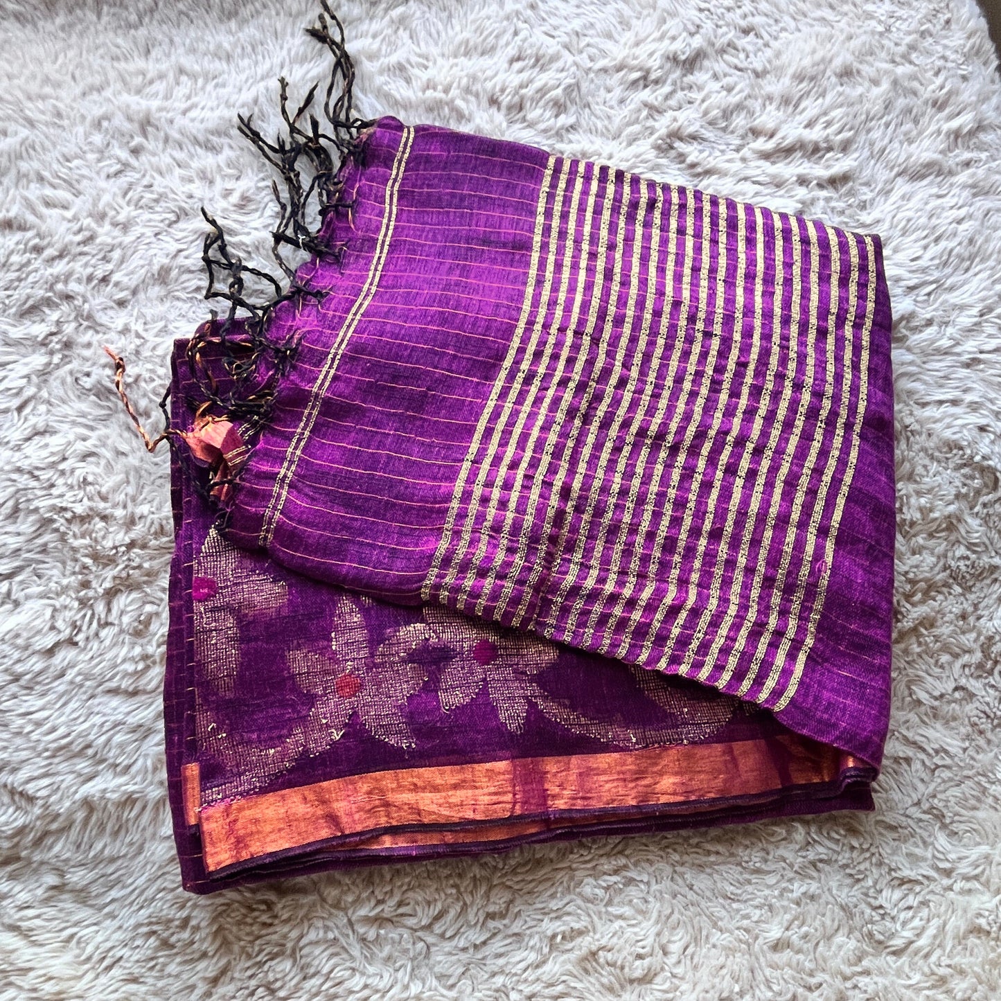 Purple handloom pure linen jamdani saree