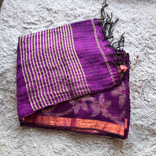 Purple handloom pure linen jamdani saree