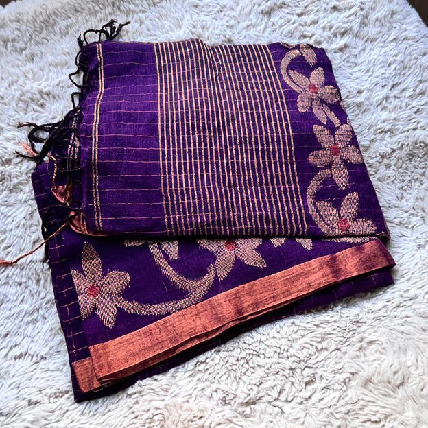 Dark purple handloom pure linen jamdani saree