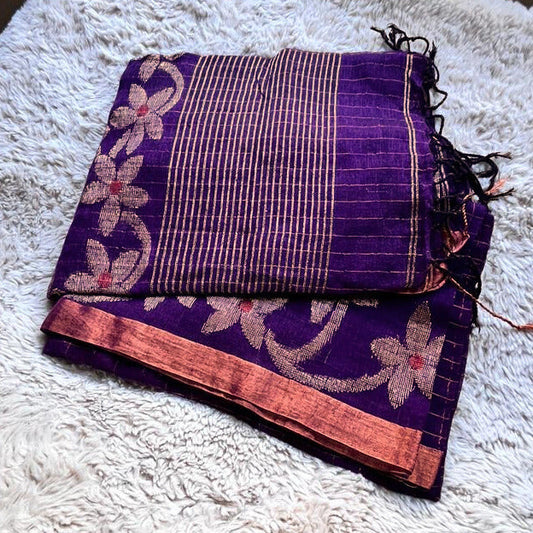 Dark purple handloom pure linen jamdani saree