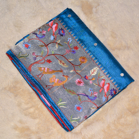Teal blue dola silk german silver work saree
