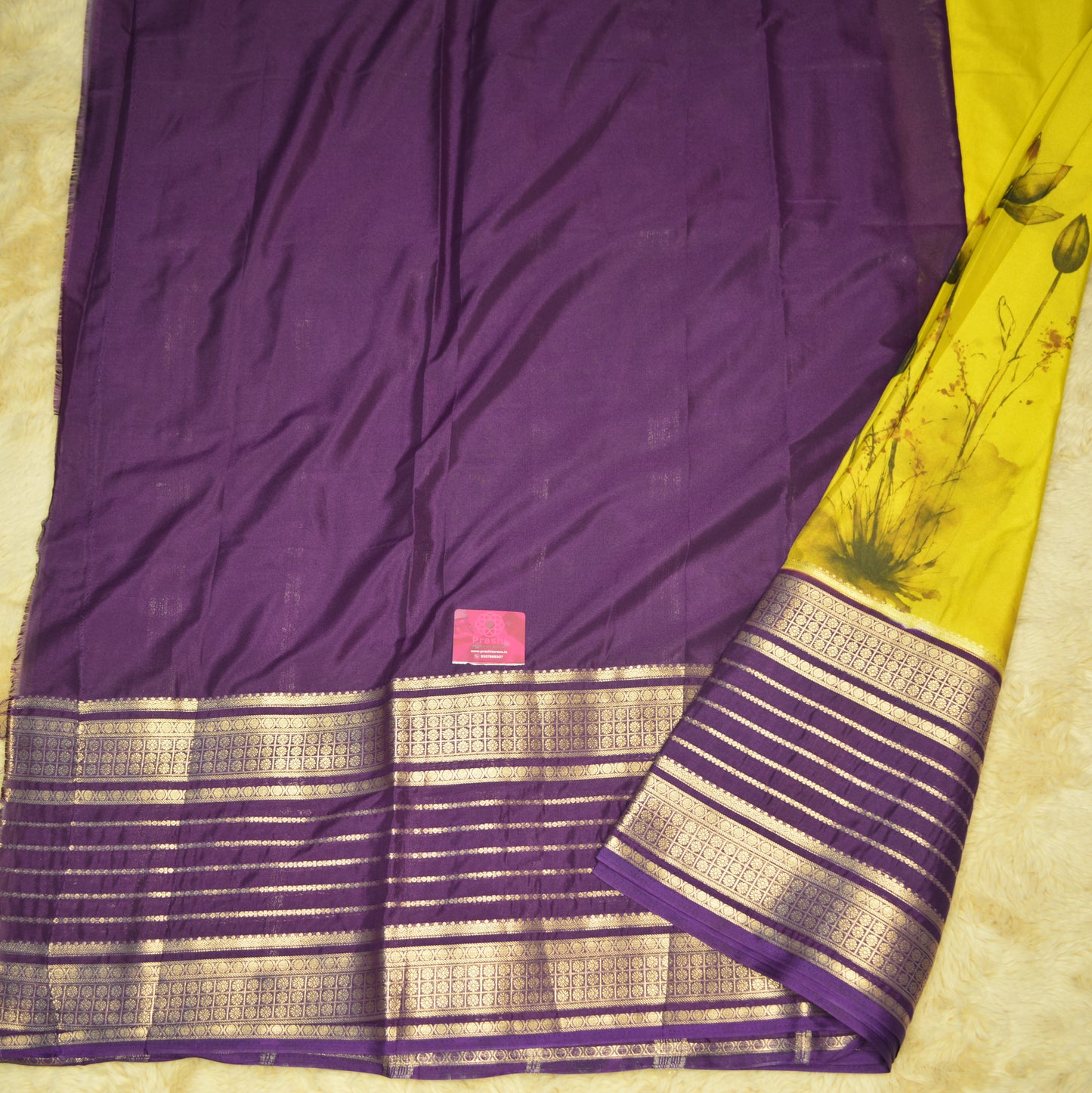 Yellow semi mysore crepe kalamkari print saree