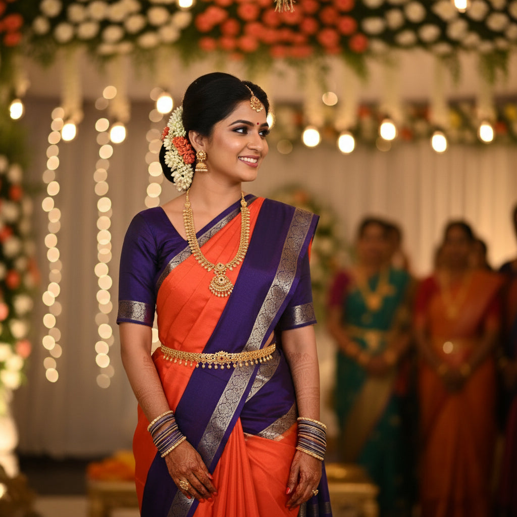 ORANGE semi mysore crepe saree with bentex border.
