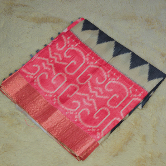 Grey and pink semi tussar ikkat print saree