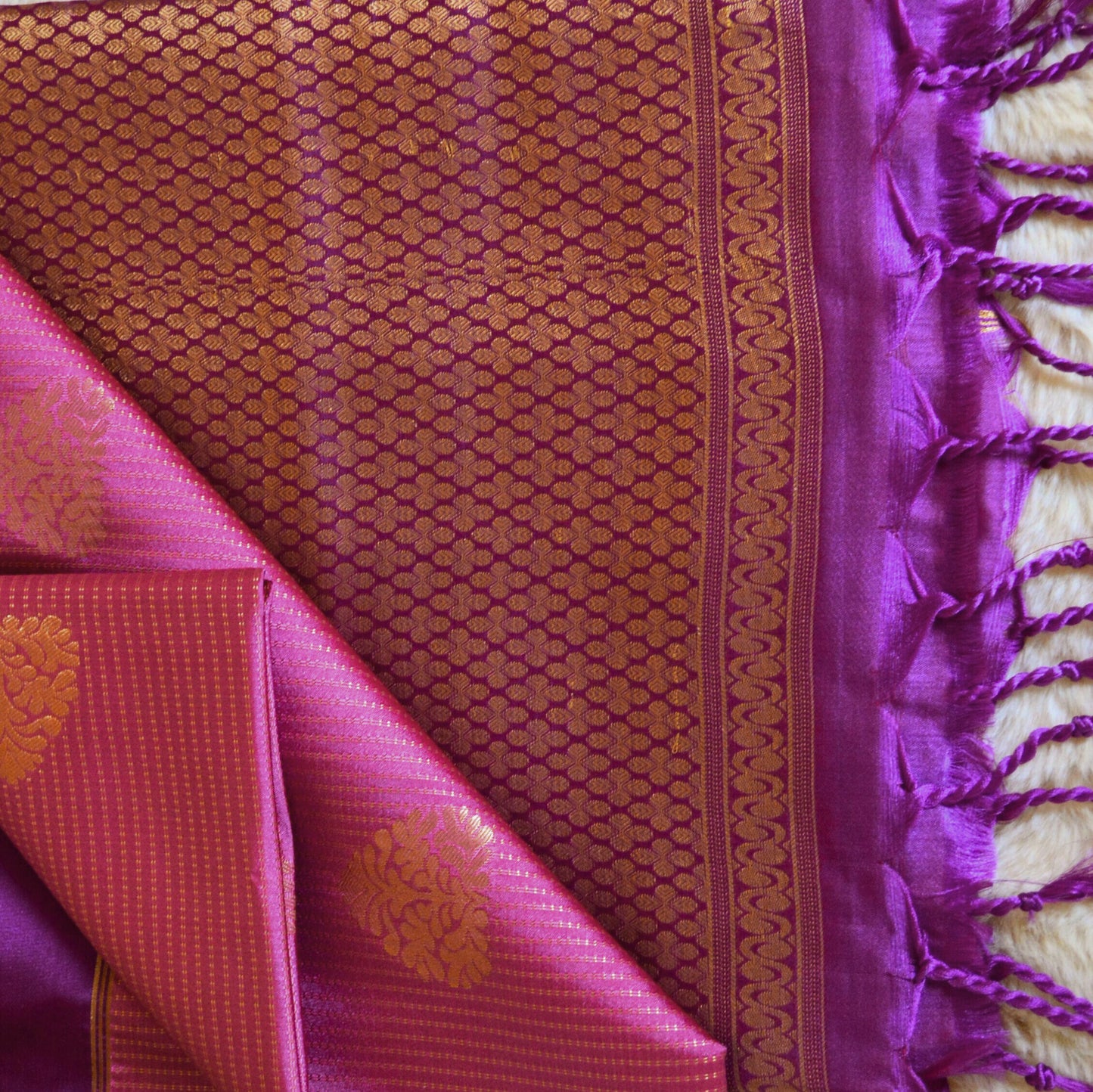 Pink and purple semi silk big butta saree
